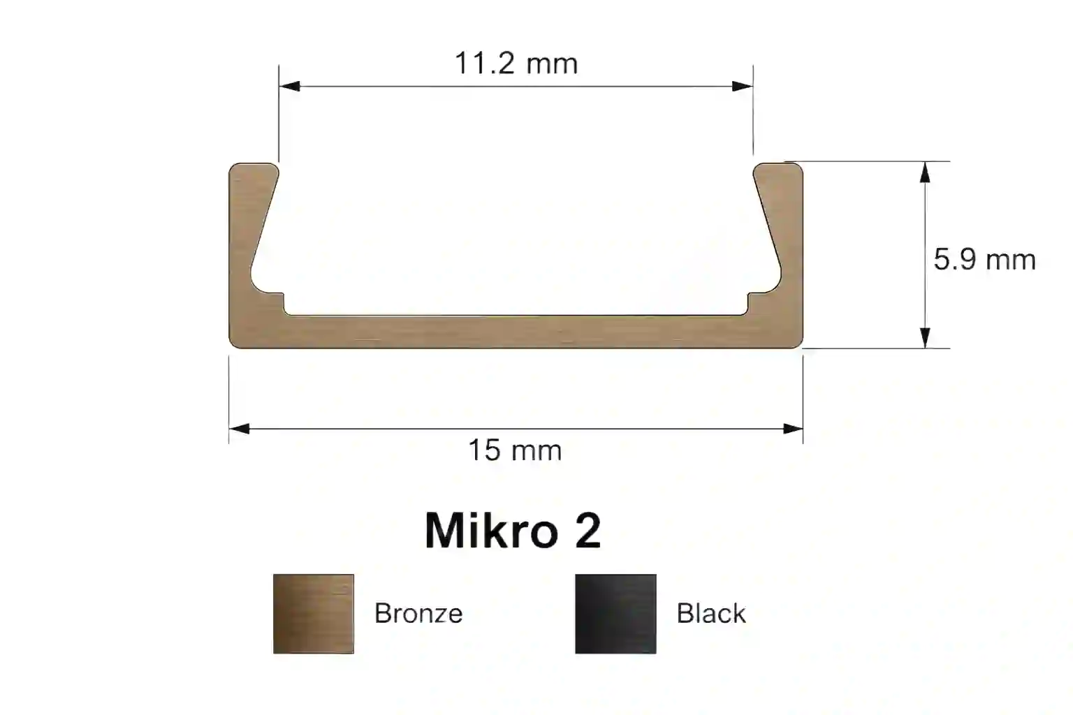 Pohled zepředu na profil Mikro 2 kanál 11,2mm otevřený pro LED pásek bronzová nebo černá barva